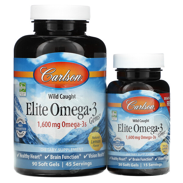 Carlson Labs, Поймано в диких условиях, Elite Omega-3 Gems, со вкусом лимона, 1600 мг, Natural Lemon Flavor, 1,600 mg, 90 + 30 (бесплатных) мягких таблеток