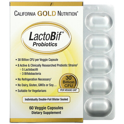 California Gold Nutrition LactoBif, пробиотики, 30 млрд КОЕ, 60 вегетарианских капсул
California Gold Nutrition LactoBif, пробиотики, 30 млрд КОЕ, 60 вегетарианских капсул