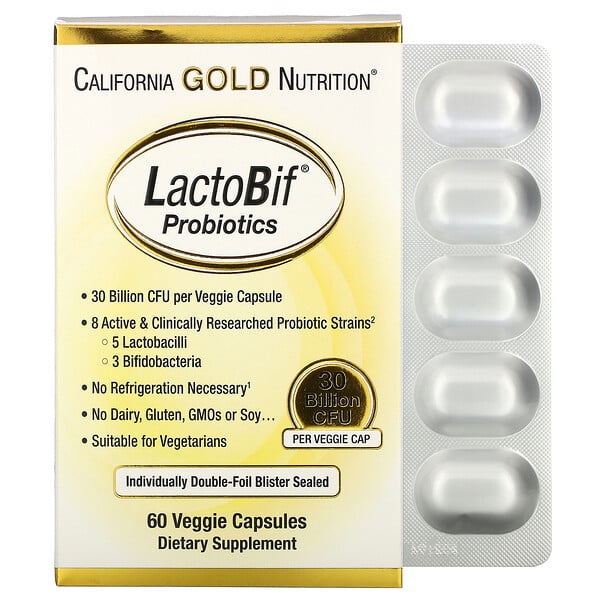 California Gold Nutrition, LactoBif Probiotic, пробиотики, 30 млрд КОЕ, 60 растительных капсул