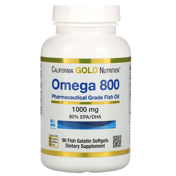 California Gold Nutrition, Омега 800 производства Madre Labs, рыбий жир фармацевтического класса, 80 % ЭПК/ДГК, в форме триглицеридов, 1 000 мг, 90 мягких капсул с рыбным желатином