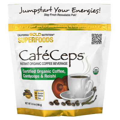 California Gold Nutrition, SUPERFOODS - CafeCeps, Certified Organic Instant Coffee with Cordyceps and Reishi Mushroom Powder, 3.5 oz (100 g)
California Gold Nutrition, SUPERFOODS - CafeCeps, Certified Organic Instant Coffee with Cordyceps and Reishi Mushroom Powder, 3.5 oz (100 g)