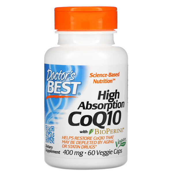 Doctor's Best, коэнзим Q10 с высокой степенью усвоения, с BioPerine, 400 мг, 60 вегетарианских капсул