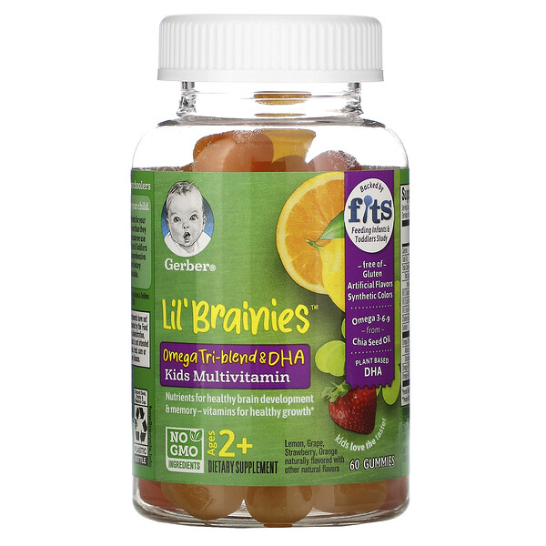 Gerber, Lil Brainies, смесь трех омега жирных кислот и ДГК, мультивитаминная добавка, для детей от 2 лет, 60 жевательных мармеладок