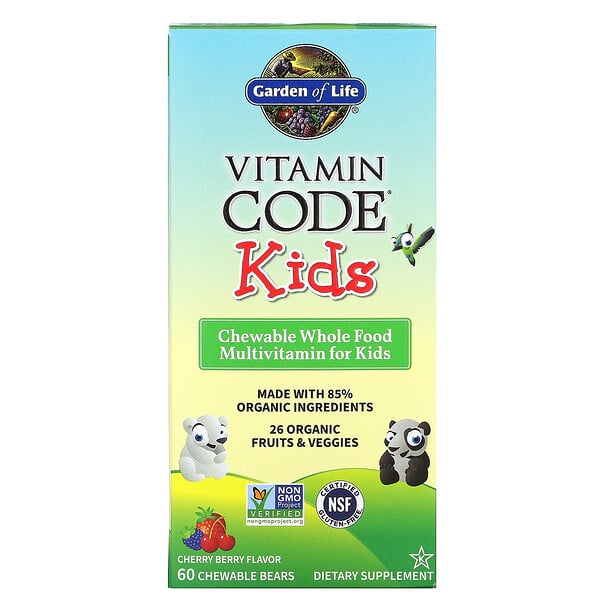 Garden of Life, Vitamin Code, для детей, жевательные цельнопищевые мультивитамины для детей, вишня, 60 жевательных мишек