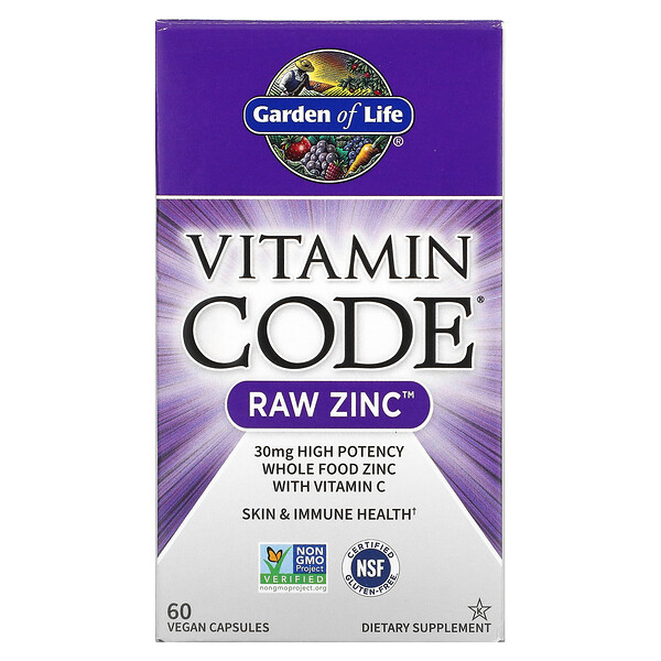 Garden of Life, Vitamin Code, цинк RAW, 60 веганских капсул