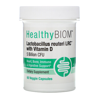 HealthyBiom Lactobacillus Reuteri LRC с витамином D, 5 млрд КОЕ, 60 растительных капсул
HealthyBiom Lactobacillus Reuteri LRC с витамином D, 5 млрд КОЕ, 60 растительных капсул