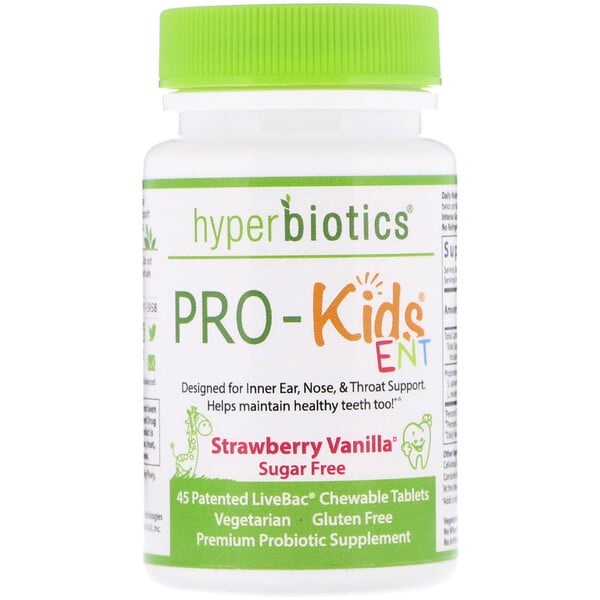 Hyperbiotics, PRO-Kids ENT, без сахара, клубника и ваниль, 45 патентованных жевательных таблеток LiveBac