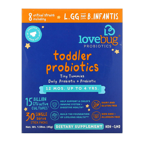 LoveBug Probiotics, Tiny Tummies, пробиотики и пребиотики для малышей для ежедневного приема, от 12 месяцев до 4 лет, 30 отдельных порционных стиков, 45 г (1,59 унции)