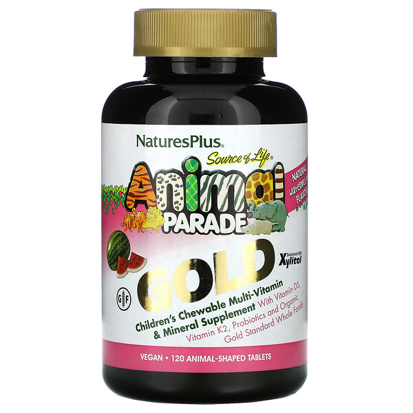 Nature's Plus, Source of Life, Animal Parade Gold, жевательная добавка для детей с мультивитаминами и минералами, натуральный ароматизатор со вкусом арбуза, 120 таблеток в форме животных