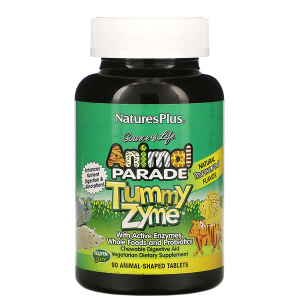 Nature's Plus, Source of Life, Animal Parade, детские жевательные конфеты Tummy Zyme с активными ферментами, натуральные продукты и пробиотики, с натуральным вкусом тропических фруктов, 90 видов животных