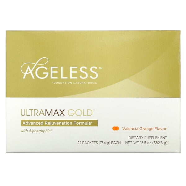 Ageless Foundation Laboratories, UltraMax Gold, улучшенная формула омоложения с альфатрофином, со вкусом валенсийского апельсина, 22 пакета по 17,4 г (13,5 унции) каждый