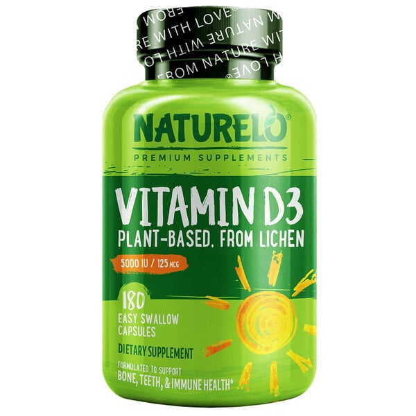 NATURELO, Витамин D3, на растительной основе, 5000 МЕ / 125 мкг, 180 капсул, которые легко глотать