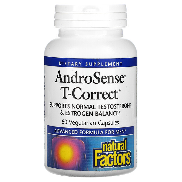 Natural Factors, AndroSense T-Correct, баланс тестостерона и эстрогена, 60 вегетарианских капсул
