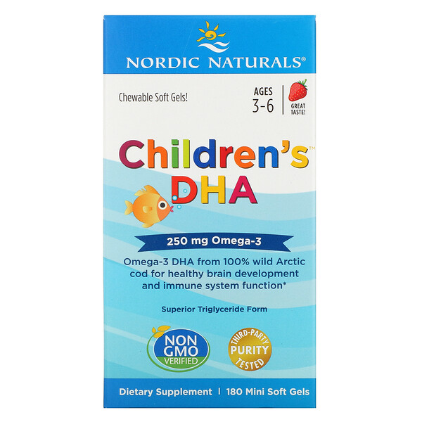 Nordic Naturals, ДГК для детей, клубника, для детей 3–6 лет, 250 мг, 180 желатиновых мини-капсул