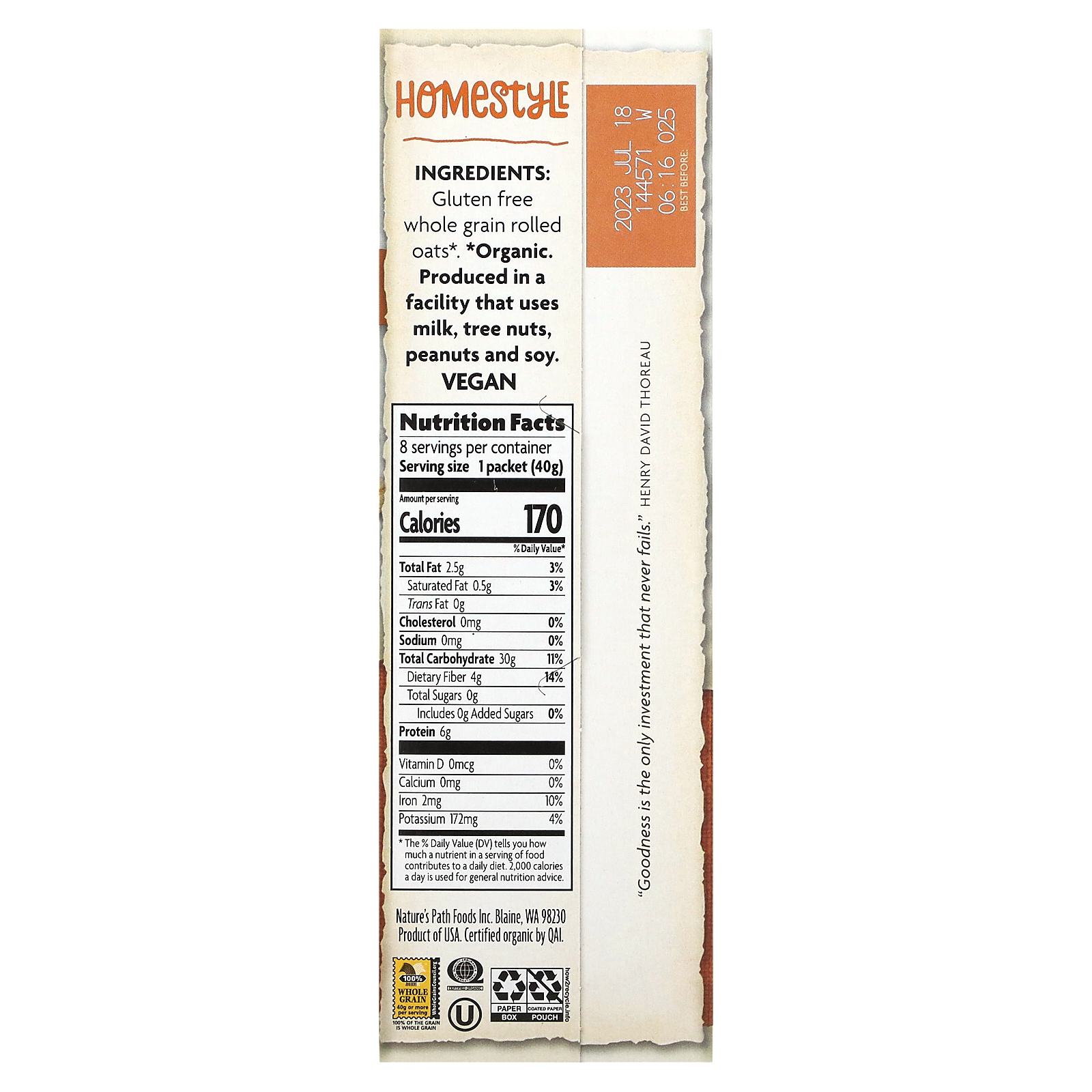 Nature S Path Organic Instant Oatmeal Homestyle Packets Oz