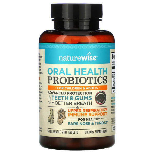 NatureWise, пробиотики для здоровья ротовой полости, для детей и взрослых, со вкусом мяты, 50 жевательных таблеток