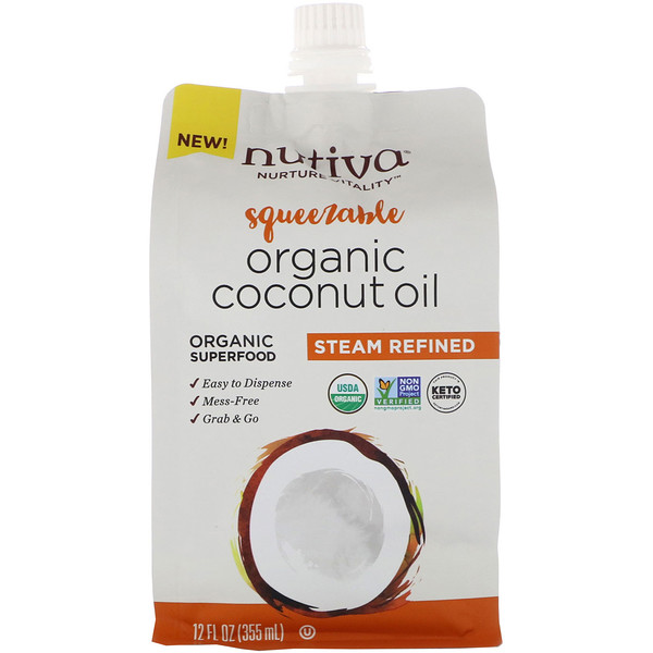 Nutiva, Органическое сжимаемое кокосовое масло, получено путем паровой дистилляции, 355 мл (12 жидк. унций)