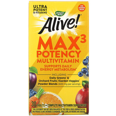 Nature's Way Alive! Max3 Potency, мультивитамины повышенной эффективности, без добавления железа, 30 таблеток
Nature's Way Alive! Max3 Potency, мультивитамины повышенной эффективности, без добавления железа, 30 таблеток