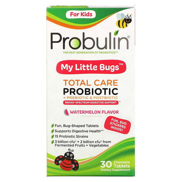 Probulin, для детей, My Little Bugs, пробиотик Total Care + пребиотик и постбиотик, арбуз, 30 жевательных таблеток