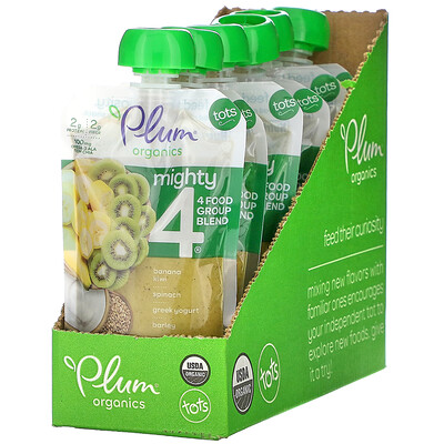 Plum Organics Mighty 4, 4 Food Group Blend, Tots, Banana, Kiwi, Spinach, Greek Yogurt, Barley, 6 Pouches, 4 oz (113 g) Each
Plum Organics Mighty 4, 4 Food Group Blend, Tots, Banana, Kiwi, Spinach, Greek Yogurt, Barley, 6 Pouches, 4 oz (113 g) Each