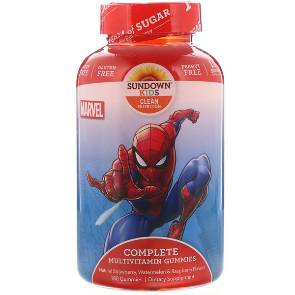 Sundown Naturals Kids, Компекс мультивитаминов в жевательных таблетках, Marvel Spiderman, с натуральными ароматизатороами клубники, арбуза и малины, 180 жевательных таблеток