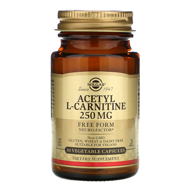 Solgar, Ацетил-L-Карнитин, 250 мг, 30 вегетарианских капсул