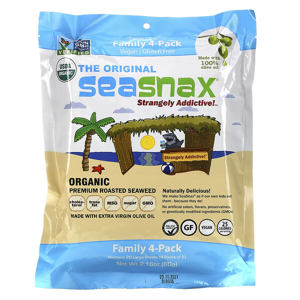SeaSnax, "Classic" Olive, Roasted Seaweed Snack, Four Pack, 5 sheets (.54 oz) Each