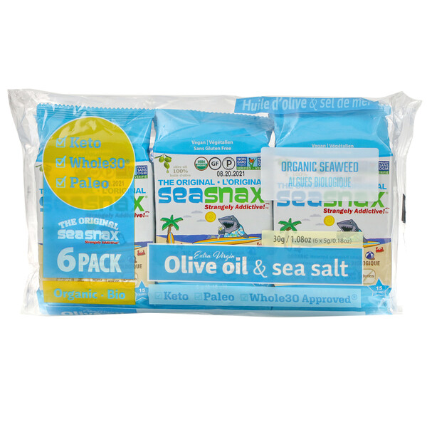 SeaSnax, органические морские водоросли, оригинальный вкус, 6 пакетиков по 5 г (0,18 унции) каждый