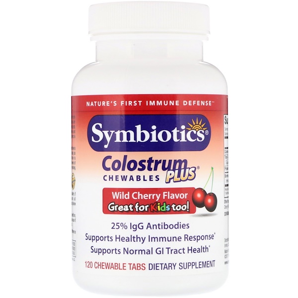 Symbiotics, Colostrum Chewables Plus со вкусом черешни, 120 жевательных таблеток