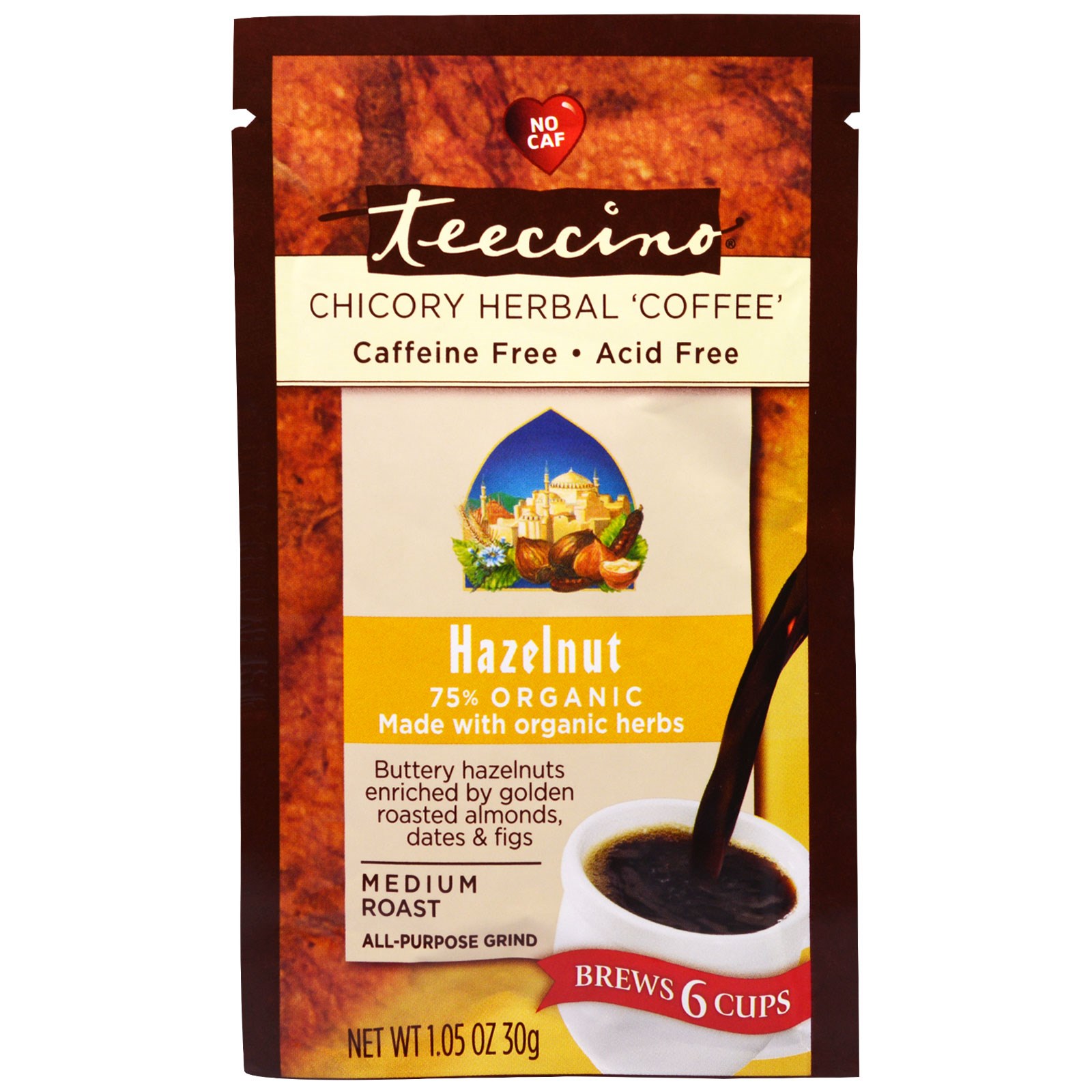 teeccino, chicory herbal coffee, medium roast, hazelnut