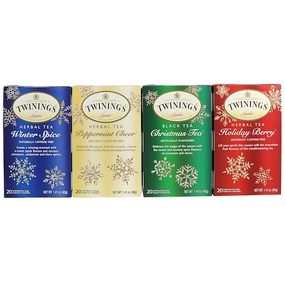 Twinings Seasonal Tea Variety Pack, Special Edition, Holiday, 4 Boxes, 20 Tea Bags Each
Twinings Seasonal Tea Variety Pack, Special Edition, Holiday, 4 Boxes, 20 Tea Bags Each