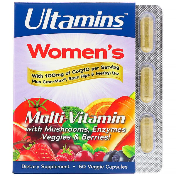 Ultamins, мультивитаминный комплекс для женщин с коэнзимом Q10, грибами, ферментами, овощами и ягодами, 60 растительных капсул
