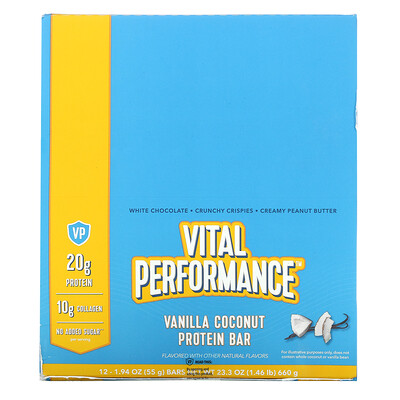Vital Proteins, Vital Performance Protein Bar, Vanilla Coconut, 12 Bars, 1.94 oz (55 g) Each
Vital Proteins, Vital Performance Protein Bar, Vanilla Coconut, 12 Bars, 1.94 oz (55 g) Each