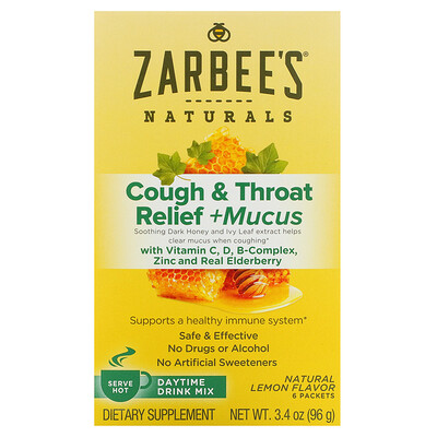 Zarbee's Снижение болезненных симптомов в горле, при кашле, отхаркивание, дневной напиток, натуральный лимонный вкус, 6 пакетиков, 3,4 унц. (96 г) каждый
Zarbee's Снижение болезненных симптомов в горле, при кашле, отхаркивание, дневной напиток, натуральный лимонный вкус, 6 пакетиков, 3,4 унц. (96 г) каждый