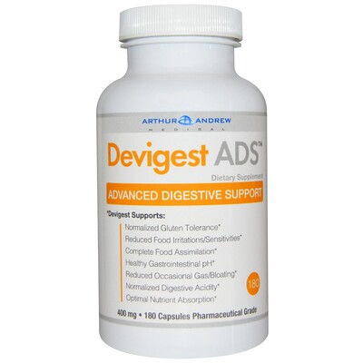 Arthur Andrew Medical Devigest ADS, усовершенствованное средство для поддержки пищеварения, 400 мг, 180 капсул