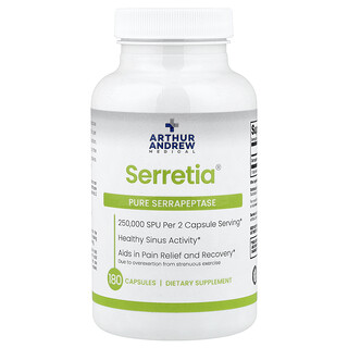 أرثر أندرو ميديكال‏, Serretia®‎، سيرابيبتاز نقي، 180 كبسولة (125,000 وحدة سيرابيبتاز لكل كبسولة)