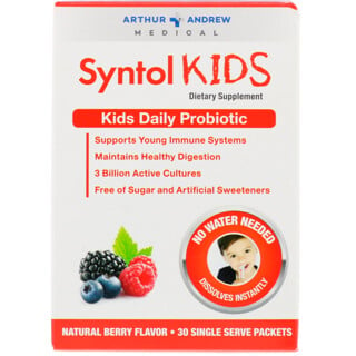 Arthur Andrew Medical, Syntol Kids، البروبيوتيك اليومي للأطفال، نكهة التوت الطبيعية، 30 عبوة فردية