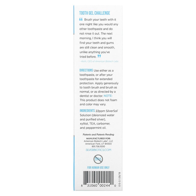 American Biotech Labs, Silver Biotics, Tooth Gel, Glacial Mint, 4 oz ...