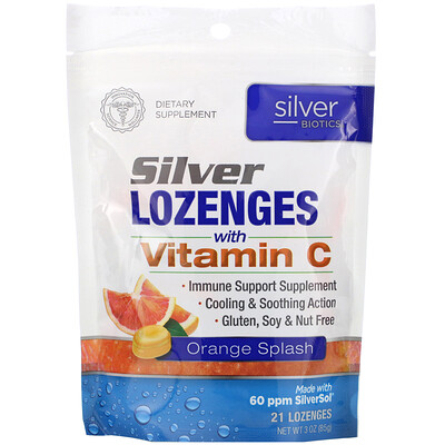 American Biotech Labs Silver Biotics, Silver Lozenges, 60 PPM SilverSol, Orange Splash, 21 Lozenges