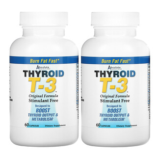Absolute Nutrition, Thyroid T-3, для щитовидной железы, оригинальная формула, 2 флакона, 60 капсул в каждой