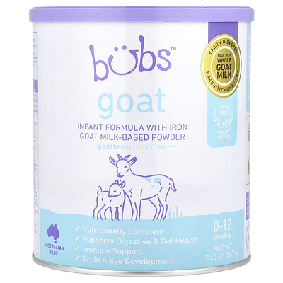 Aussie Bubs, Goat, Fórmula con hierro para bebés a base de leche de cabra en polvo, De 0 a 12 meses, 567 g (20 oz)