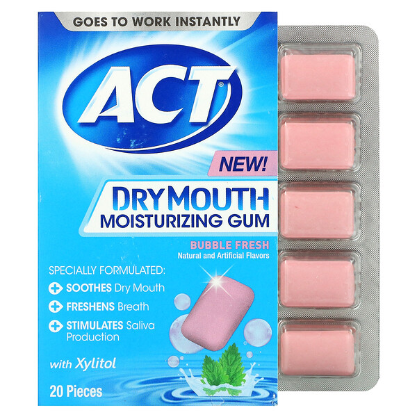 Dry Mouth Moisturizing Gum with Xylitol, Bubble Fresh, 20 Pieces