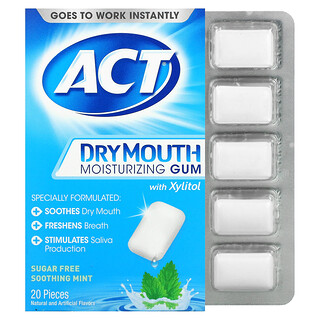 Act, Dry Mouth Moisturizing Gum with Xylitol, Sugar Free, Soothing Mint, 20 Pieces