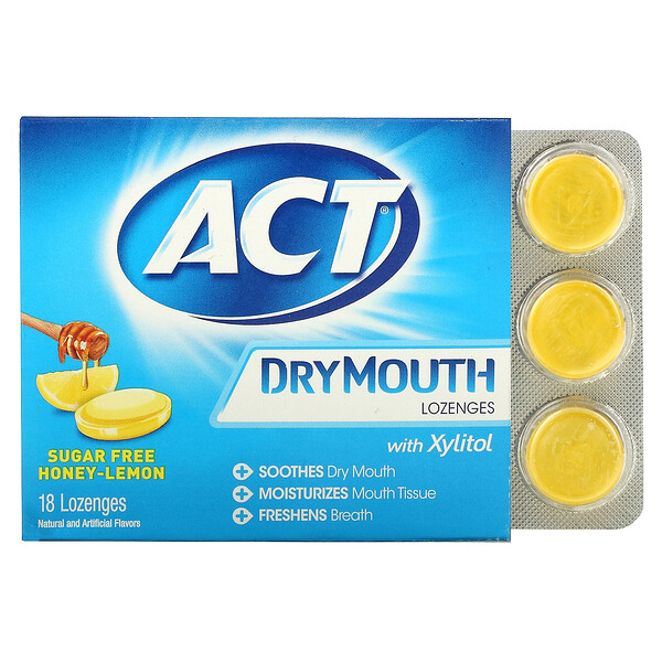 Act, Dry Mouth Lozenges with Xylitol, Sugar Free, Honey-Lemon, 18 Lozenges