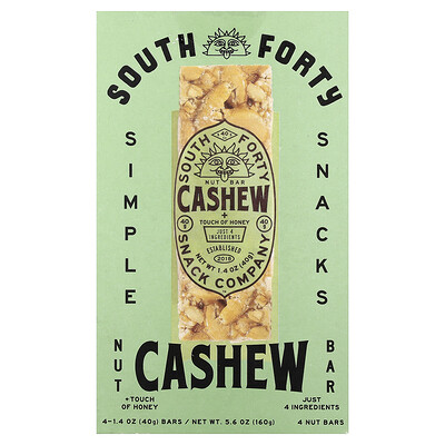South Forty Snack Company, Barrita de frutos secos, Castañas de cajú y un toque de miel, 4 barritas, 40 g (1,4 oz) cada una