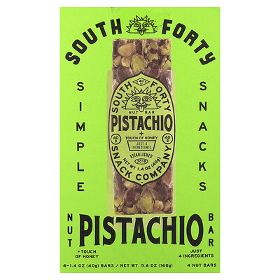 South Forty Snack Company, Barrita de frutos secos, Pistacho con un toque de miel, 4 barritas, 40 g (1,4 oz) cada una