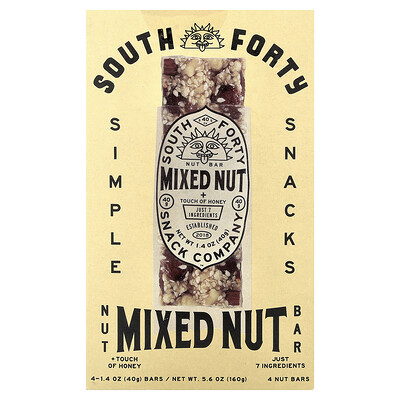 South Forty Snack Company, Barrita de frutos secos, Frutos secos mixtos con un toque de miel, 4 barritas, 40 g (1,4 oz) cada una