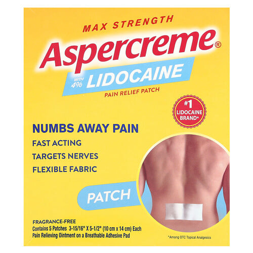 Aspercreme Pain Relief Patch with 4% Lidocaine, Max Strength, Fragrance-Free, 5 Patches