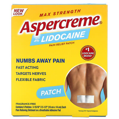 

Aspercreme Обезболивающий пластырь с 4% лидокаином, максимальная сила, без отдушек, 5 пластырей (10 см x 14 см) каждый