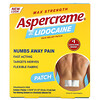 Aspercreme, Pain Relief Patch with 4% Lidocaine, Max Strength, Fragrance-Free, 5 Patches, (10 cm x 14 cm) Each